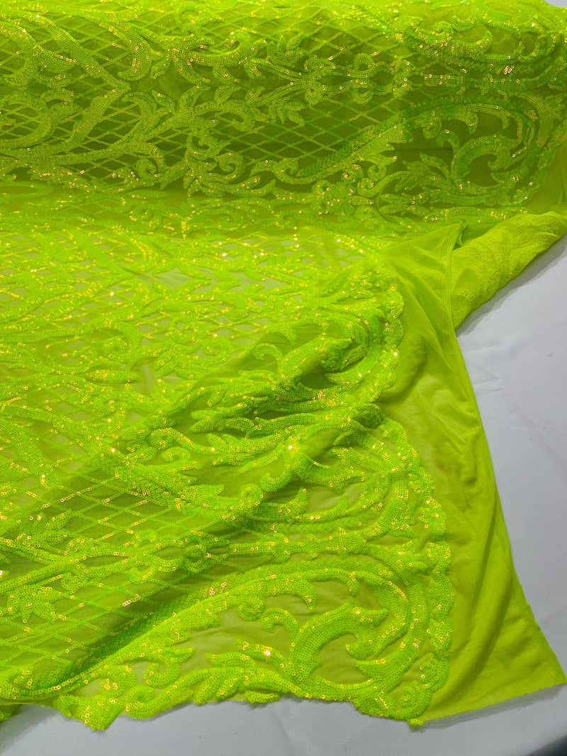 Heart Damask Sequins - Lime Green - 4 Way Stretch Elegant Shiny Net Sequins Fabric By Yard