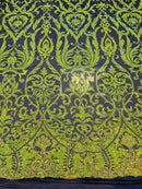 Damask Decor Sequins - Lime Green on Black Mesh - 4 Way Stretch Design High Quality Fabric