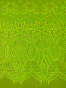 Lime Green Iridescent - 4 Way Stretch Embroidered Royalty Sequins Design Fabric By Yard