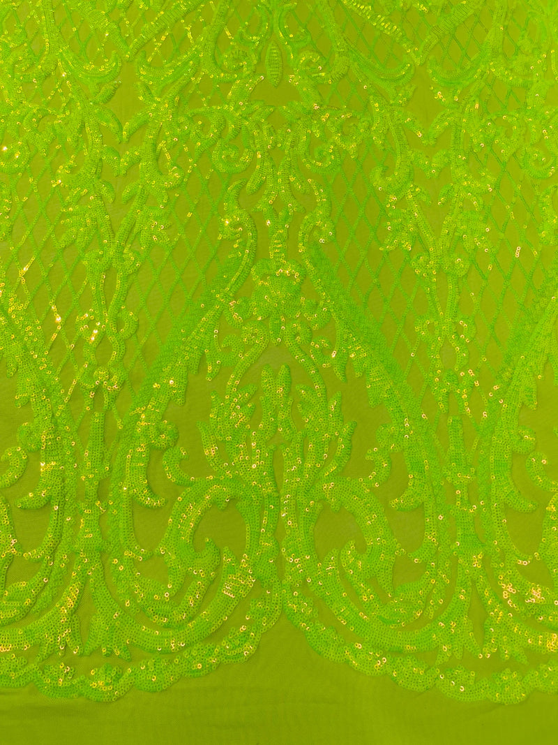 Heart Damask Sequins - Lime Green - 4 Way Stretch Elegant Shiny Net Sequins Fabric By Yard