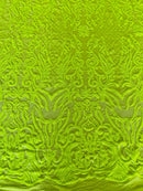 4 Way Stretch Fabric - Lime Green - Sequins Design on Spandex Mesh Fashion Fabric
