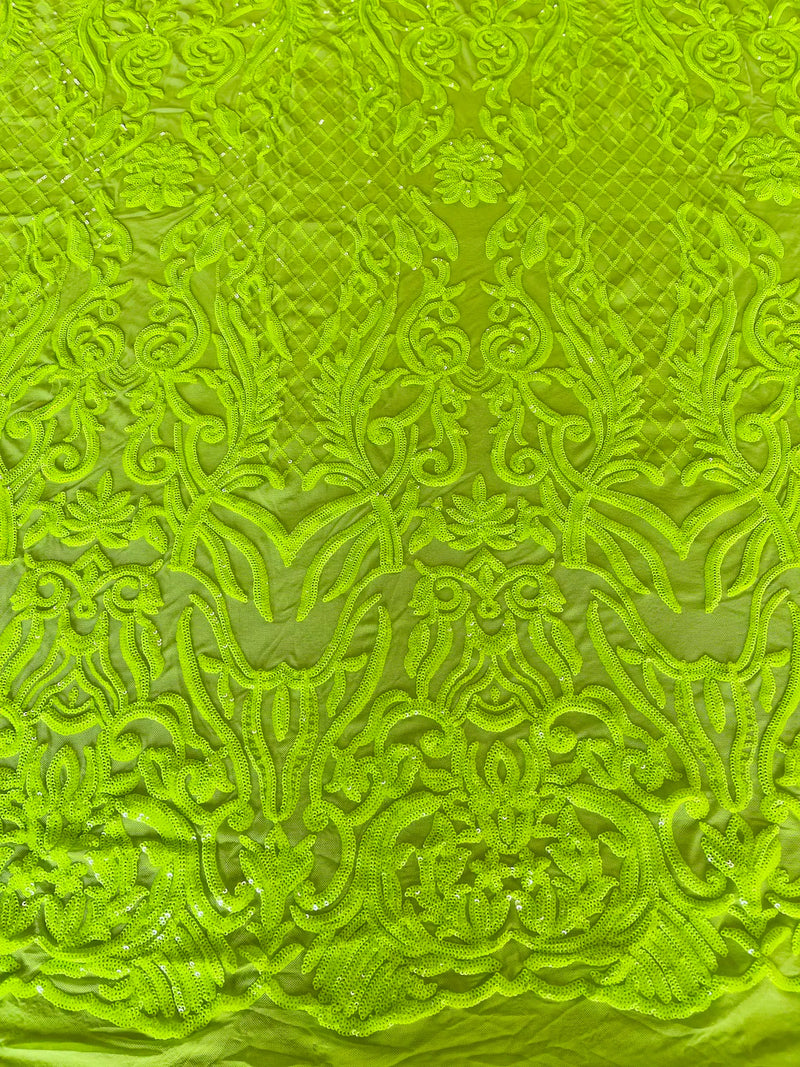 4 Way Stretch Fabric - Lime Green - Sequins Design on Spandex Mesh Fashion Fabric