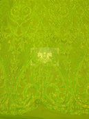 Heart Damask Sequins - Lime Green - 4 Way Stretch Elegant Shiny Net Sequins Fabric By Yard