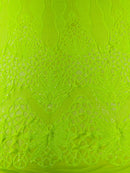Elegant Floral Leaf Design - Lime Green - 4 Way Stretch Sequins Lace Spandex Fabric By Yard