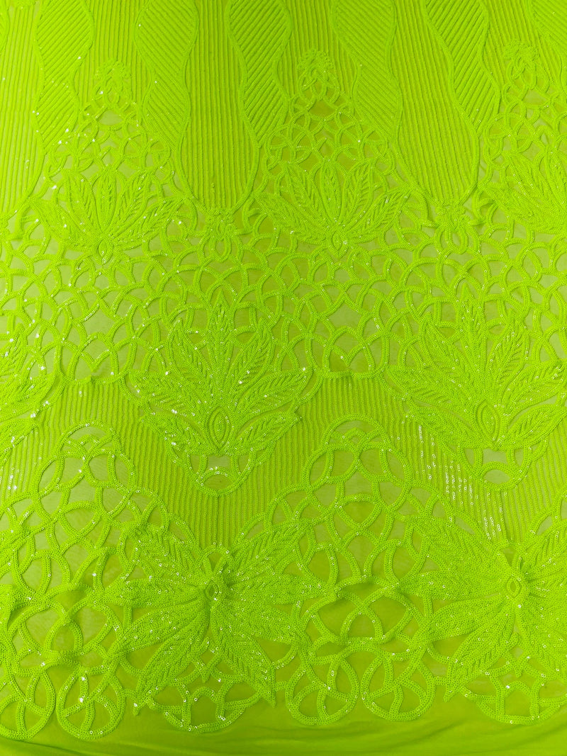 Elegant Floral Leaf Design - Lime Green - 4 Way Stretch Sequins Lace Spandex Fabric By Yard