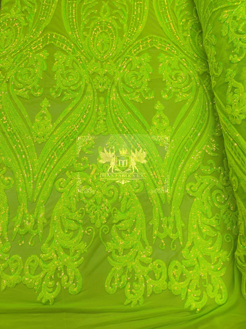 Big Damask Sequins Fabric - Lime Green - 4 Way Stretch Damask Sequins Design Fabric By Yard
