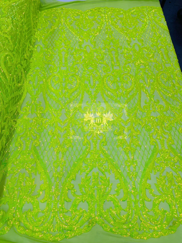 Heart Damask Sequins - Lime Green - 4 Way Stretch Elegant Shiny Net Sequins Fabric By Yard