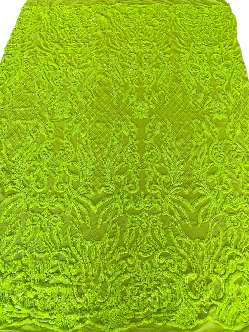 4 Way Stretch Fabric - Lime Green - Sequins Design on Spandex Mesh Fashion Fabric