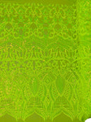 Lime Green Iridescent - 4 Way Stretch Embroidered Royalty Sequins Design Fabric By Yard
