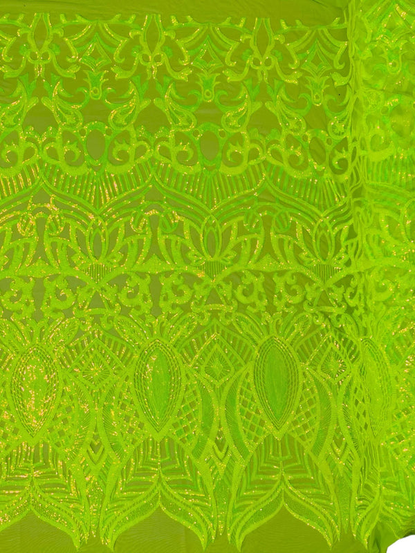 Lime Green Iridescent - 4 Way Stretch Embroidered Royalty Sequins Design Fabric By Yard