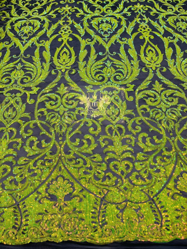 Damask Decor Sequins - Lime Green on Black Mesh - 4 Way Stretch Design High Quality Fabric