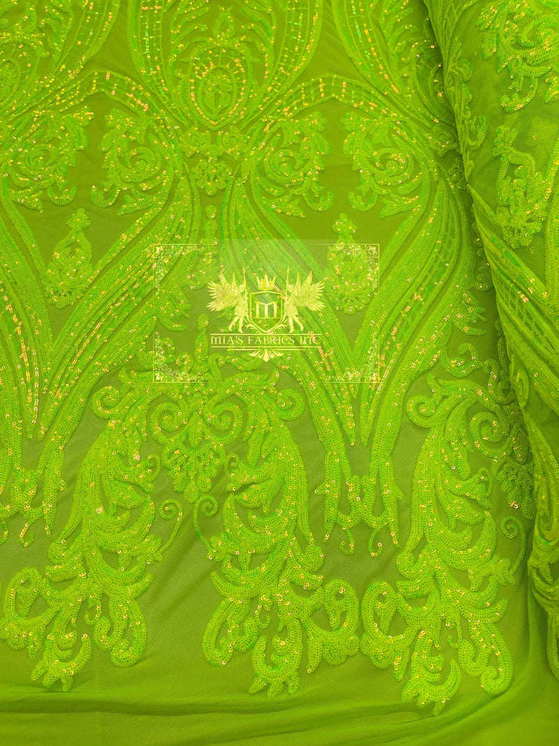 Big Damask Sequins Fabric - Lime Green - 4 Way Stretch Damask Sequins Design Fabric By Yard