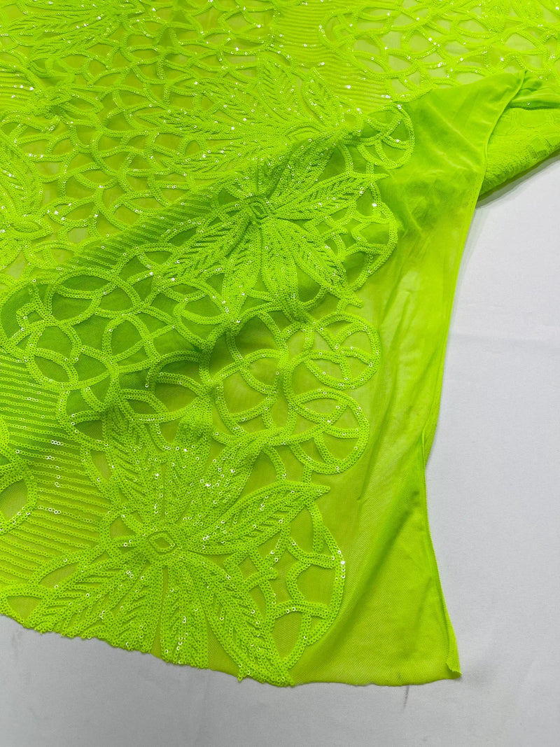 Elegant Floral Leaf Design - Lime Green - 4 Way Stretch Sequins Lace Spandex Fabric By Yard