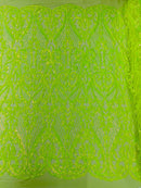 Heart Damask Sequins - Lime Green - 4 Way Stretch Elegant Shiny Net Sequins Fabric By Yard