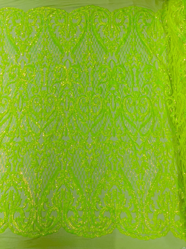 Heart Damask Sequins - Lime Green - 4 Way Stretch Elegant Shiny Net Sequins Fabric By Yard