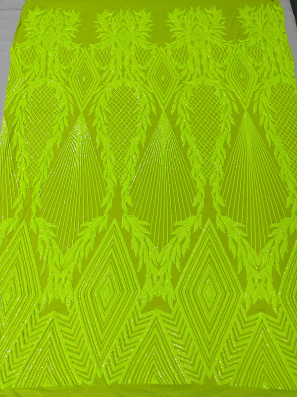 Triangle Sequin Fabric - Lime Green - Geometric Designs Spandex Mesh By Yard