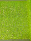 Geometric Fabric - Lime Green - Geometric Sequins Pattern Design 4 Way Stretch Sold By Yard