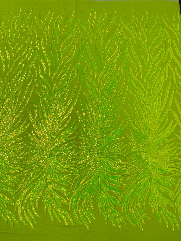 Angel Wing Sequin Design - Lime Green - Wing Patterns Embroidered with Sequins on Mesh Sold By Yard