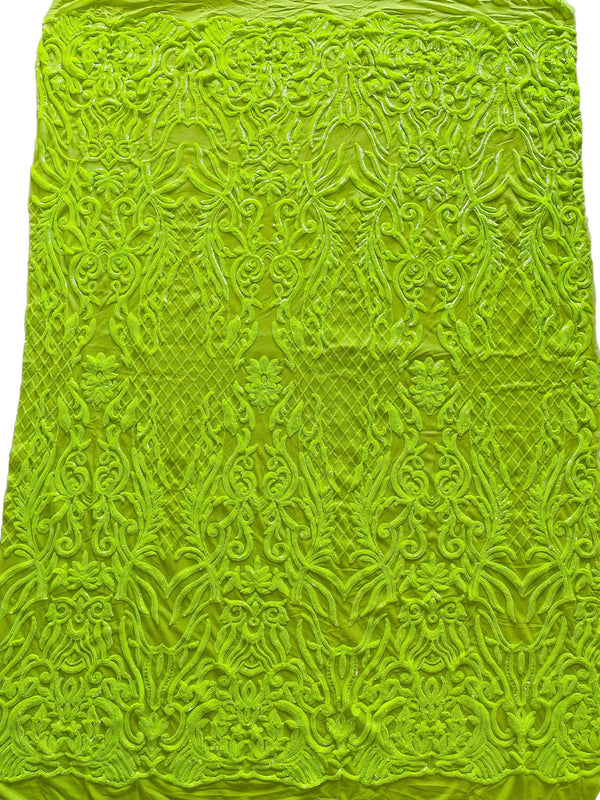 4 Way Stretch Fabric - Lime Green - Sequins Design on Spandex Mesh Fashion Fabric