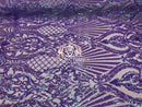 Iridescent Sequins - Lilac - 4 Way Stretch Damask Design Fabric On Stretch Mesh By The Yard