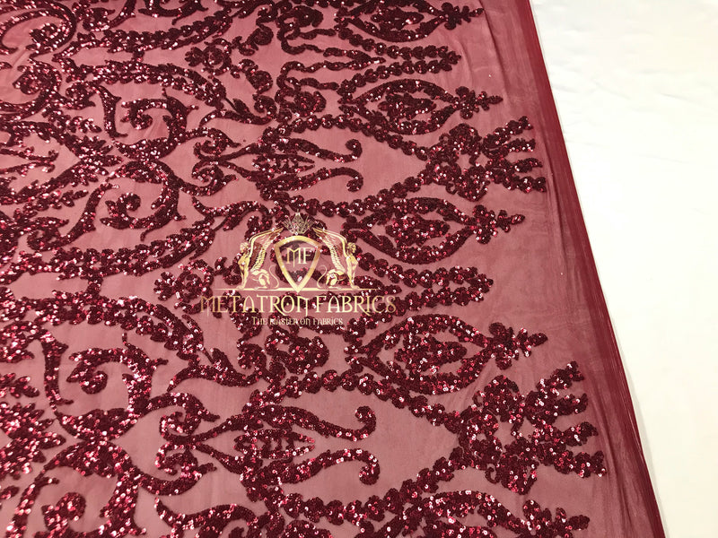 4 Way Stretch - Burgundy - Sequins Damask Design Fabric Embroidered On Mesh Sold By The Yard