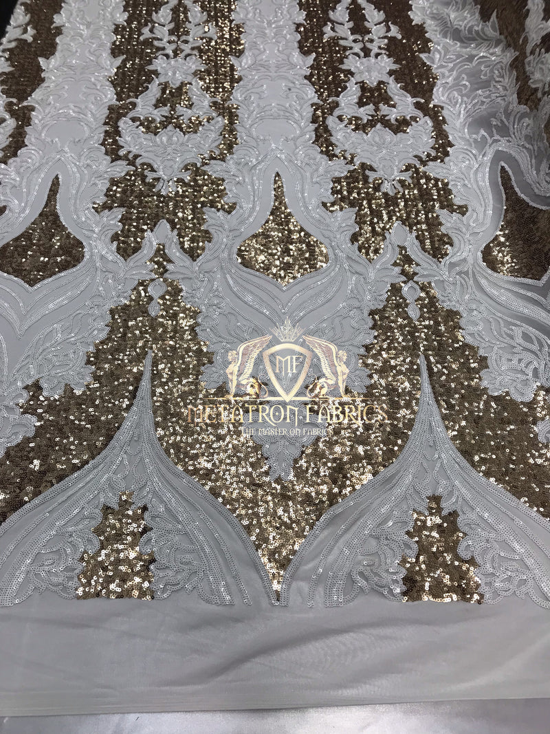 4 Way Stretch - White and Gold - Two Tone Flower Design Sequins On Stretch Mesh By The Yard