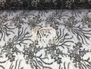 Beaded - Black - Fancy Flower Design Sequins Fabric with Beads Sold By The Yard
