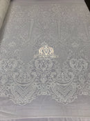 Sequins - White - 4 Way Stretch Fancy Fabric Embroidered On Mesh Sold By The Yard