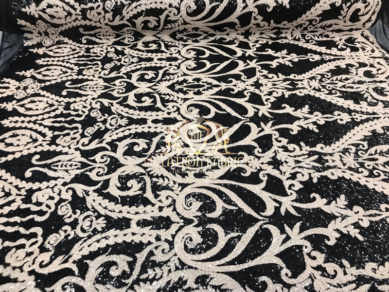 Two Tone Sequins - Black / Cream - 4 Way Stretch Fancy Design Mesh Fabric Sold By The Yard