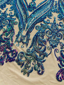 Big Damask Sequins Fabric - Lavender Iridescent - 4 Way Stretch Damask Sequins Design Fabric By Yard