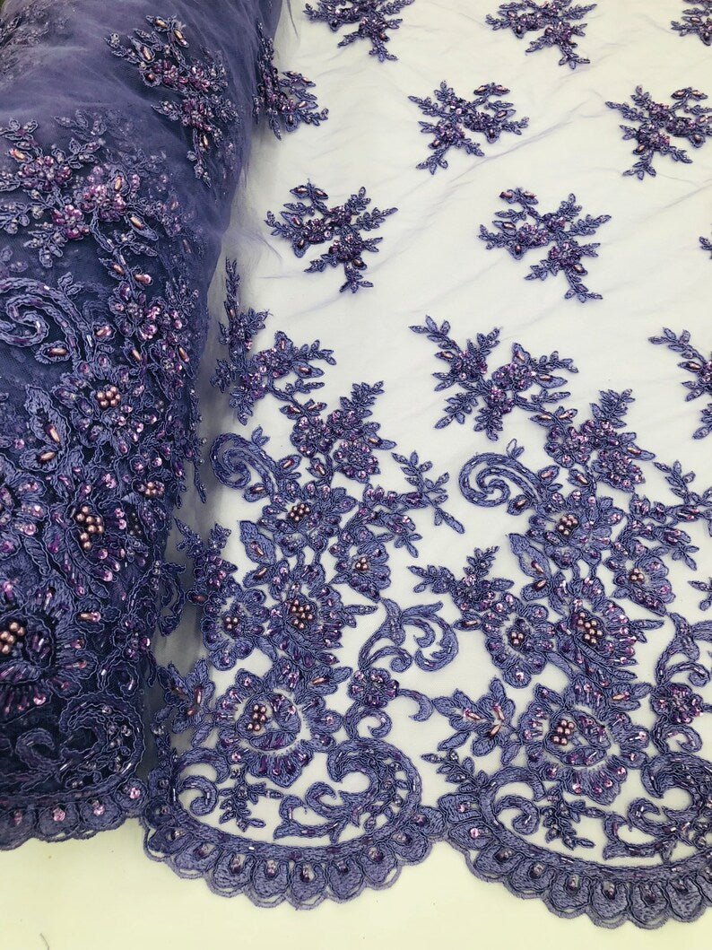 Lilac Beaded Bridal Lace, Sold By The Yard Embroidered Floral Wedding Beaded Fabric with Sequin