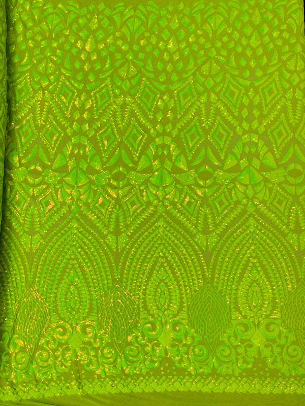 Geometric Pattern Sequins - Lime Green - 4 Way Stretch Colorful Shine Designer Sequins By Yard