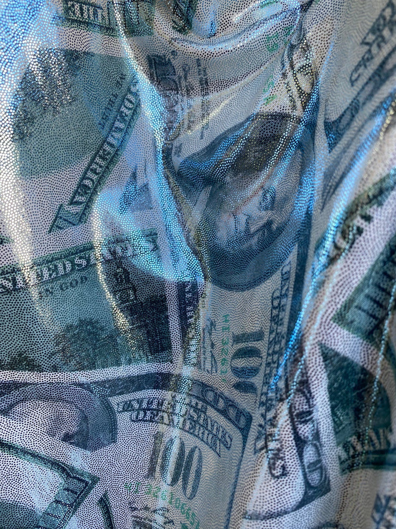 Money Print Fabric - Light Blue Metallic - 100 Dollar Bills Stretch Spandex Fabric By The Yard