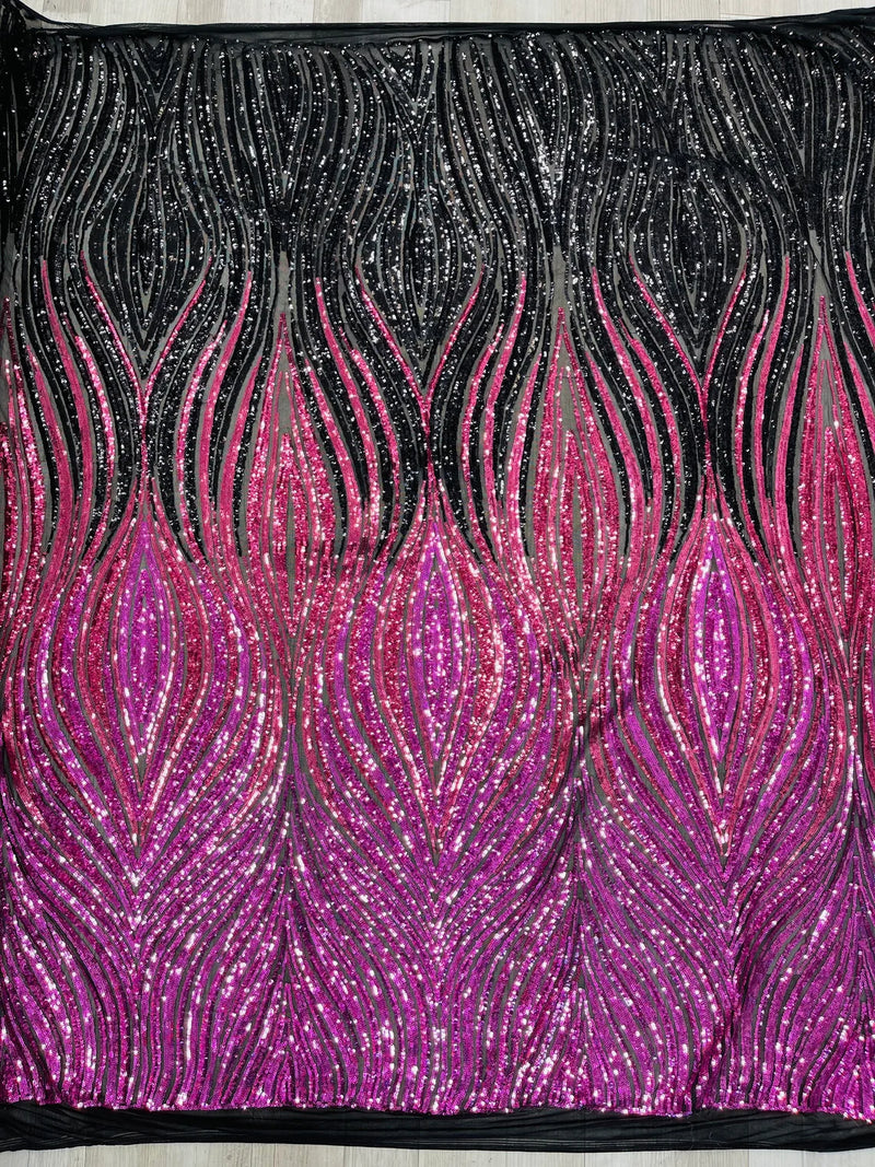 Multi-Color Fabric - Magenta/Black - Feather Shape Sequins Fabric Sold By Yard