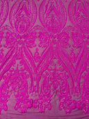 Big Damask Sequins Fabric - Magenta - 4 Way Stretch Damask Sequins Design Fabric By Yard