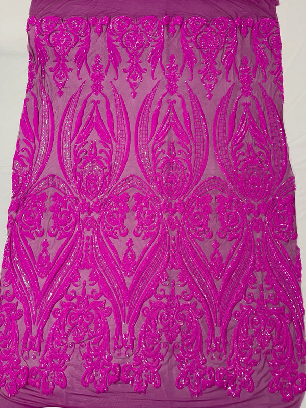 Big Damask Sequins Fabric - Magenta - 4 Way Stretch Damask Sequins Design Fabric By Yard