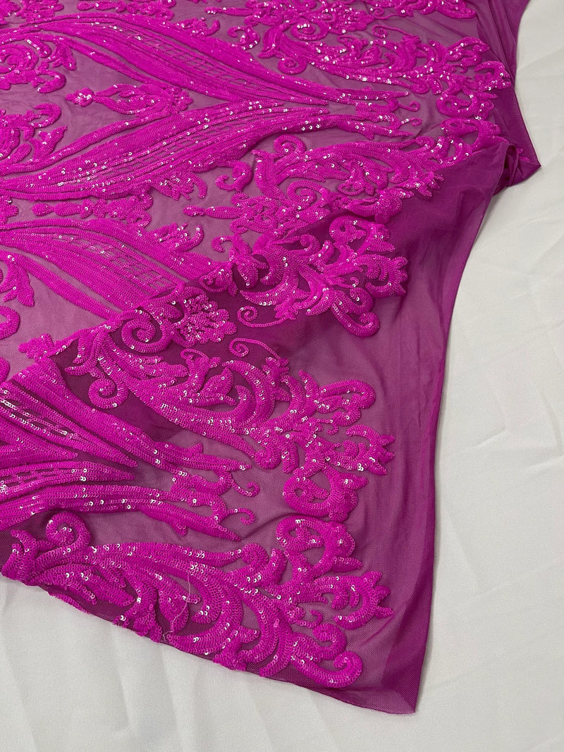 Big Damask Sequins Fabric - Magenta - 4 Way Stretch Damask Sequins Design Fabric By Yard
