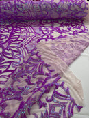 Magenta Iridescent - 4 Way Stretch Embroidered Royalty Sequins Design Fabric By Yard
