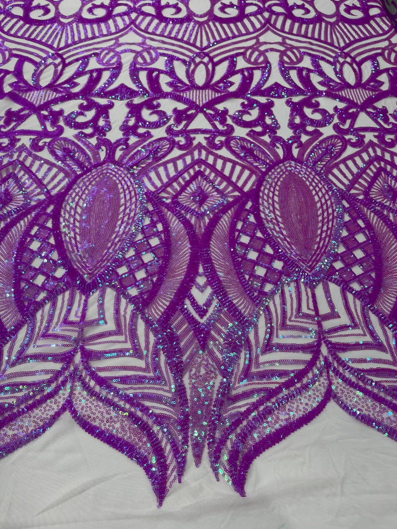 Magenta Iridescent - 4 Way Stretch Embroidered Royalty Sequins Design Fabric By Yard