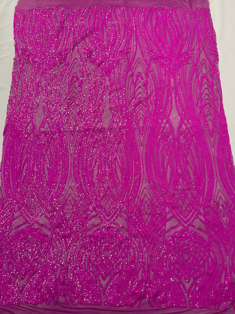 Long Wavy Pattern Sequins - Magenta Iridescent - 4 Way Stretch Sequins Fabric Line Design By Yard