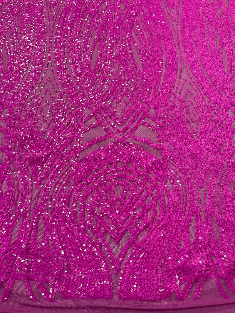 Long Wavy Pattern Sequins - Magenta Iridescent - 4 Way Stretch Sequins Fabric Line Design By Yard