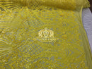 Sequins - Yellow - 4 Way Stretch Damask Design Fabric On Stretch Mesh By The Yard