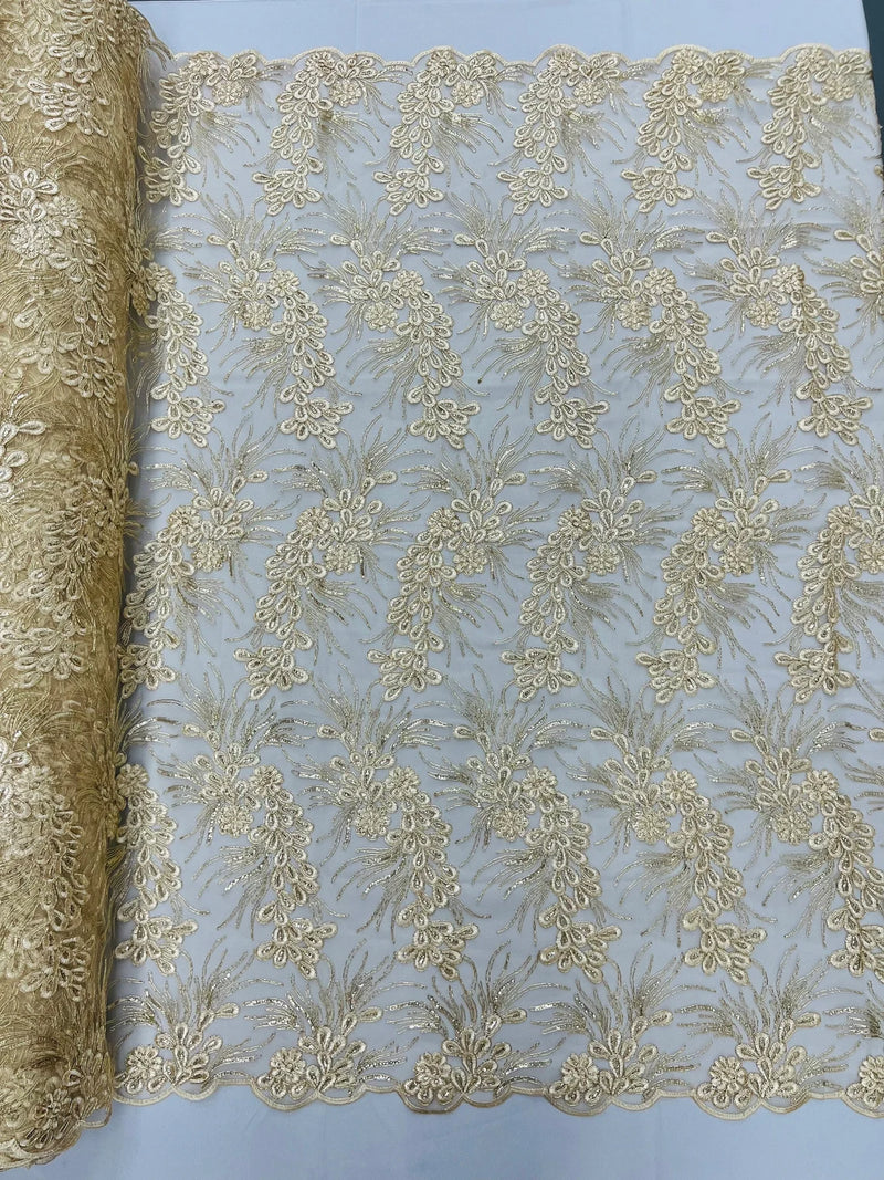 Floral Plant Cluster Fabric - Beige - Embroidered High Quality Lace Fabric Sold by Yard