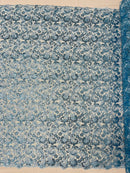 Metallic Floral Lace Fabric - Baby Blue - Embroidered Sequins Floral Design Sold By Yard