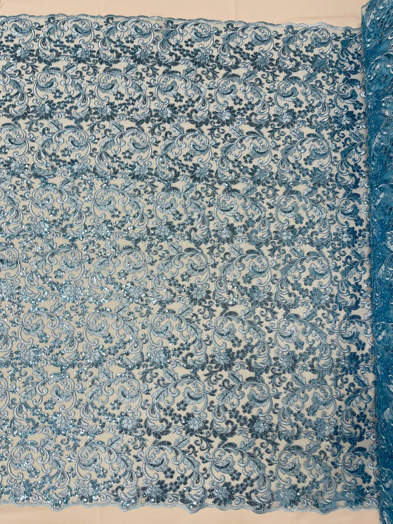 Metallic Floral Lace Fabric - Baby Blue - Embroidered Sequins Floral Design Sold By Yard