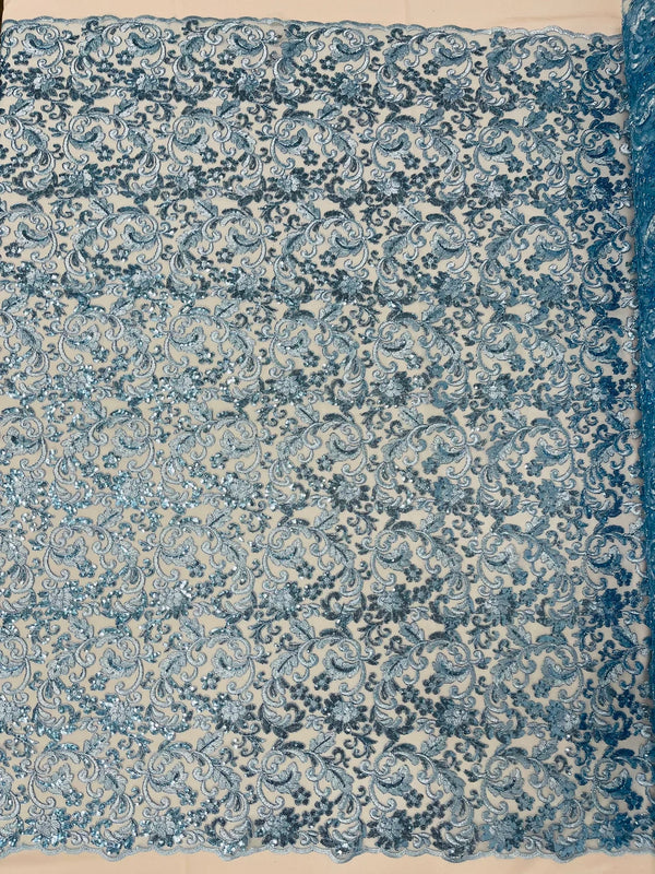 Metallic Floral Lace Fabric - Baby Blue - Embroidered Sequins Floral Design Sold By Yard