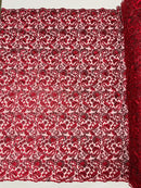 Metallic Floral Lace Fabric - Burgundy - Embroidered Sequins Floral Design Sold By Yard