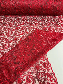 Metallic Floral Lace Fabric - Burgundy - Embroidered Sequins Floral Design Sold By Yard