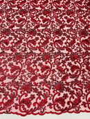 Metallic Floral Lace Fabric - Burgundy - Embroidered Sequins Floral Design Sold By Yard