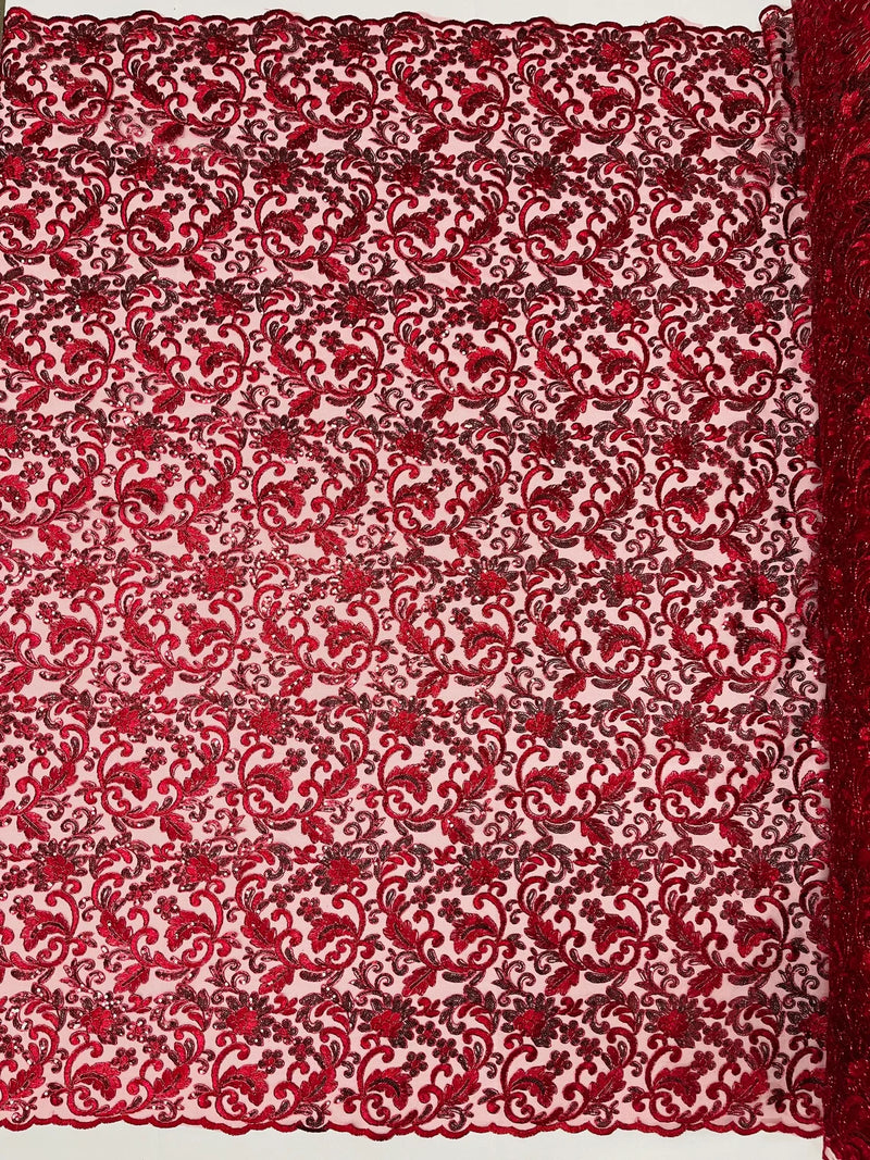 Metallic Floral Lace Fabric - Burgundy - Embroidered Sequins Floral Design Sold By Yard